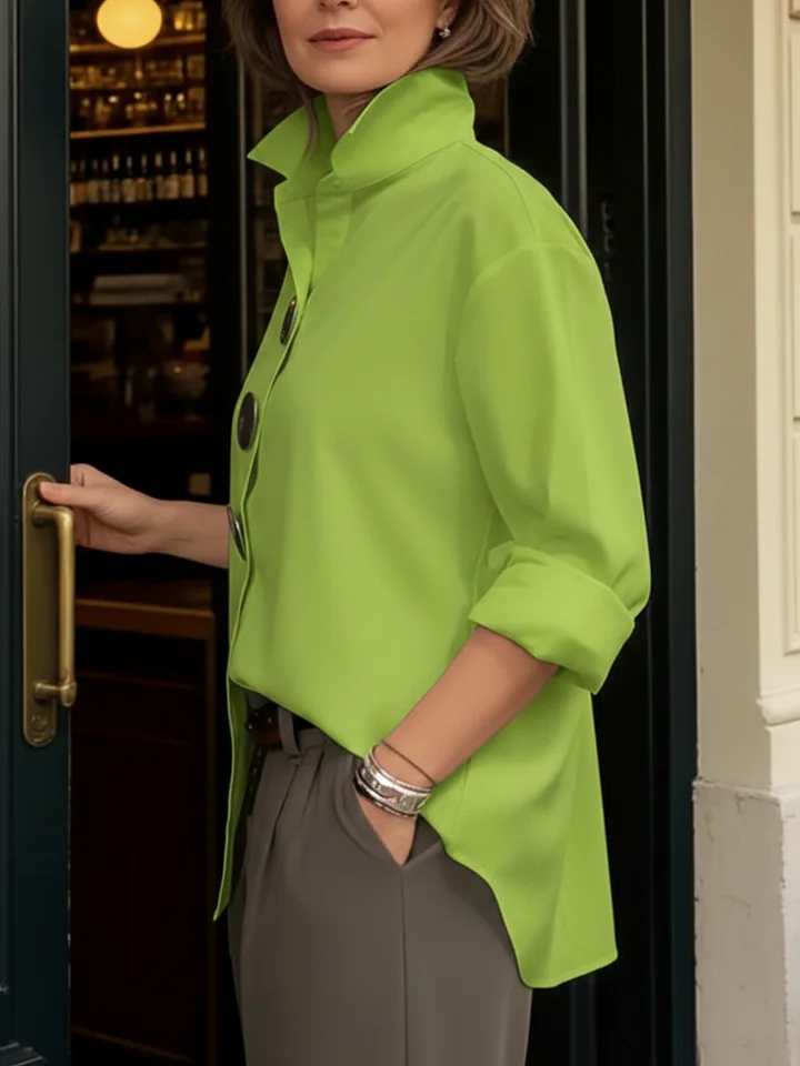 Elegant Stand-collar Metal Buttons Cotton Linen Blouse